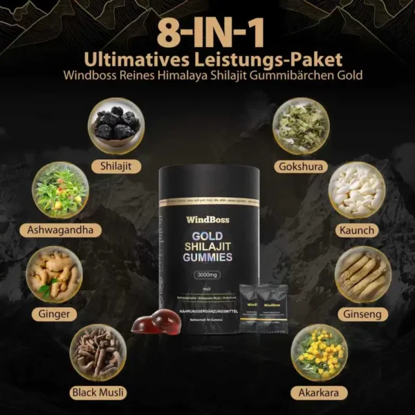 WindBoss 60 Shilajit Gummibärchen – Mit Himalaya-Shilajit und ausgewählten Pflanzenextrakten. Praktisch einzeln verpackt, angenehm im Geschmack und ohne unnötige Zusätze. Ideal für unterwegs und Ihre tägliche Routine Kostenlose Lieferung. - Image 3