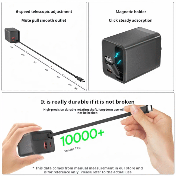 Neue 65W GaN Einziehbares Ladeger?t | Eingebaute Kabel Ultra Langlebig | 6-Gang Teleskopisches USB-C-Kabel | PD-Schnellladung | Kompakt & Reisebereit | CE/FCC/RoHS Zertifiziert | ??ber 10.000 Zugtests Bestanden | Keine Verwickelten Kabel Mehr! - Bild 2