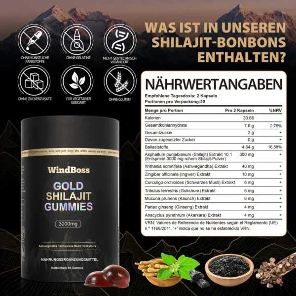 WindBoss 60 Shilajit Gummibärchen – Mit Himalaya-Shilajit und ausgewählten Pflanzenextrakten. Praktisch einzeln verpackt, angenehm im Geschmack und ohne unnötige Zusätze. Ideal für unterwegs und Ihre tägliche Routine Kostenlose Lieferung. - Image 2